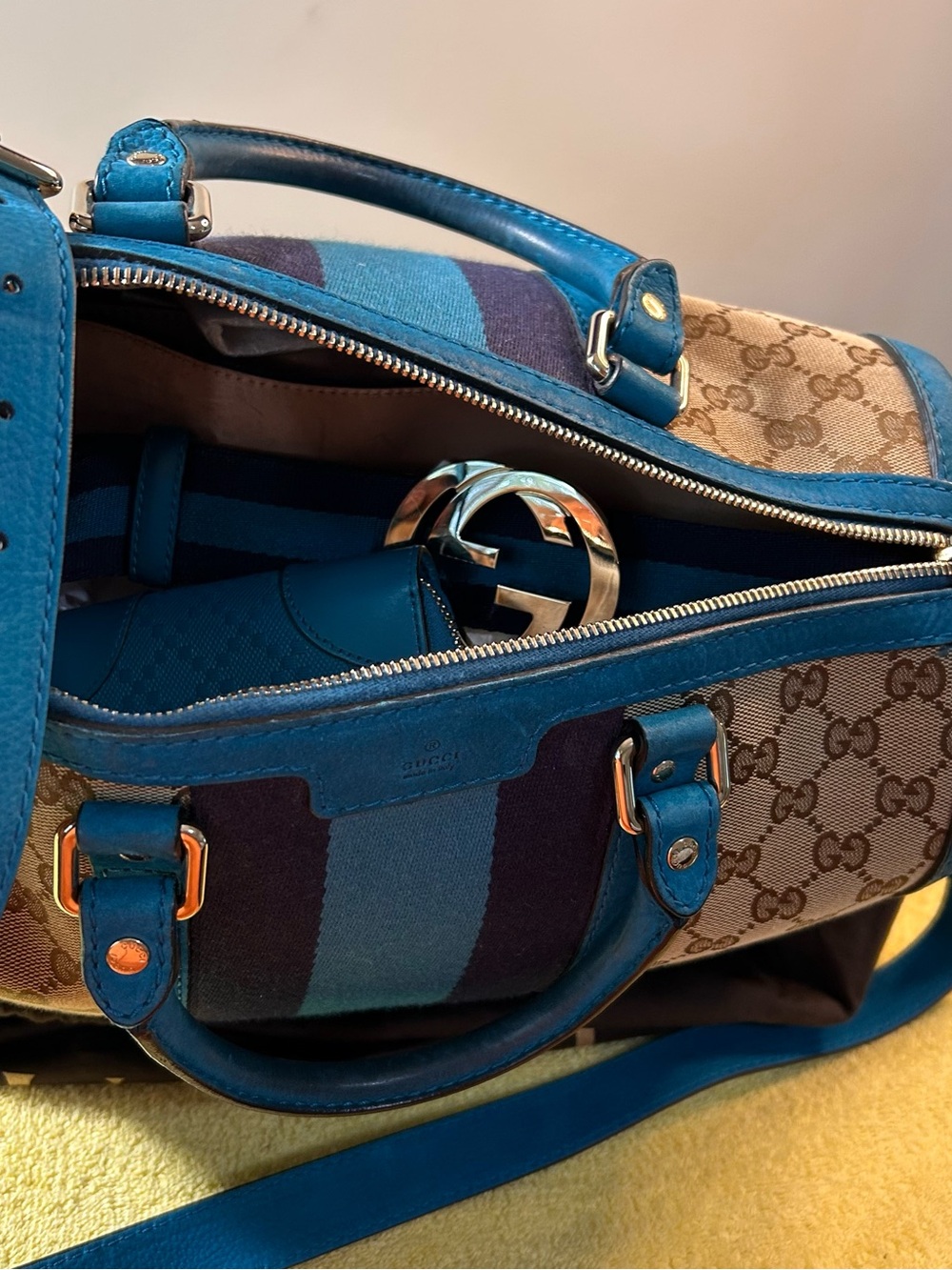 Gucci Teal and Navy GG Canvas Top-Handle Bag with Wallet & Gold Buckle Belt